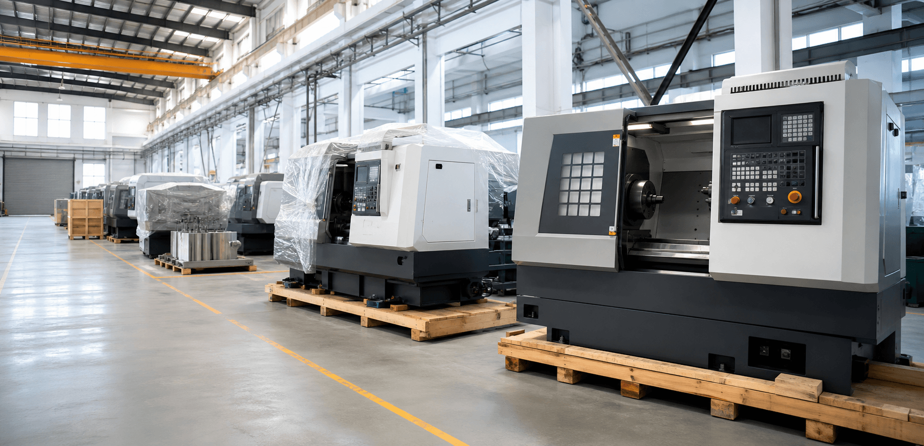 Used CNC machines prepared in an export warehouse